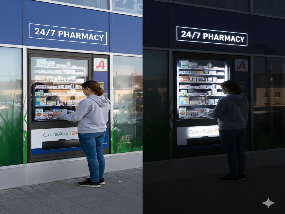 Patient nutzt ein CareApo24-Self-Service-System tagsüber und nachts – für 24/7-Apothekenzugang zu OTC- und Pflegeprodukten.